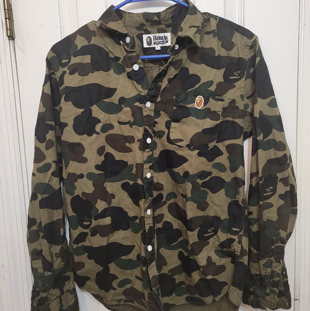 A Bathing Ape(Kids) long sleeve button shirt. Medium Size/ army fatigue colorway